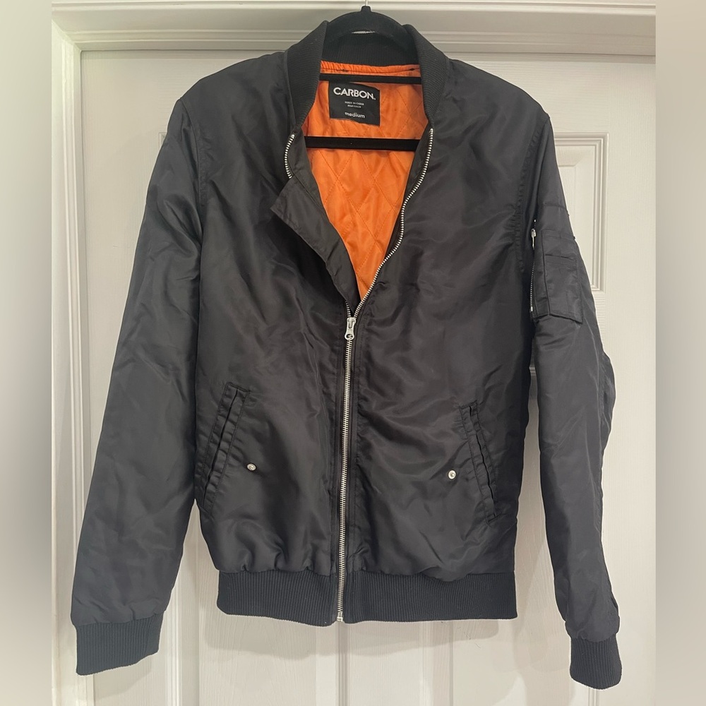 Carbon Black Bomber Jacket with Vibrant Orange Interior